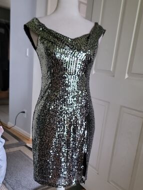 Lulu's Metallic Olive Green One-Shoulder Sequin Cocktail Dress 30 Inches